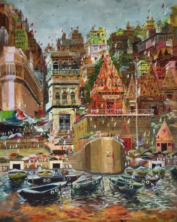 Acrylic on Canvas  painting titled The Sacred Ghats of Varanasi Acrylic Painting on Canvas