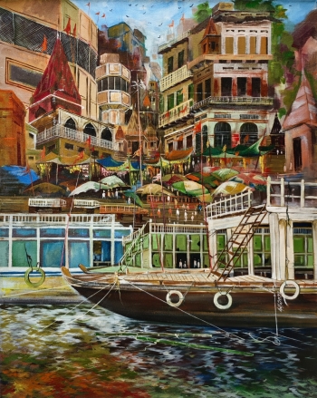 Acrylic on Canvas  painting titled Varanasi Ganga Ghat with Boatman - Banaras Ghat Acrylic Painting