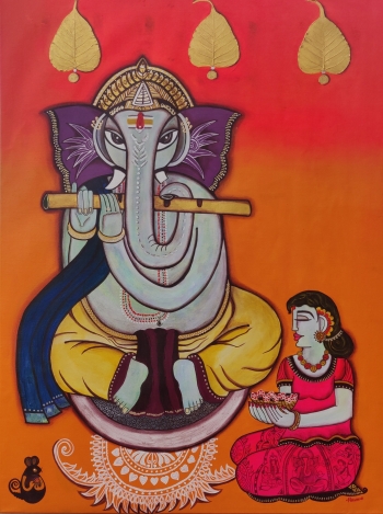 mix medium on canvas painting titled Ganesh bhakti 