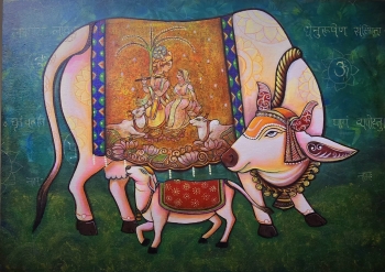 Acrylic on Canvas painting titled Kamdhenu (Sacred cow)