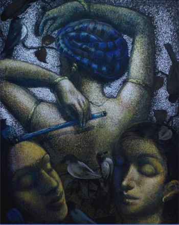 Mixed Media on canvas painting titled The Flutist