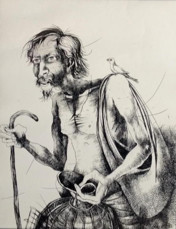 Pen & Ink on Paper painting titled The Bird Seller