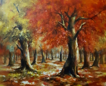 Acrylic on Canvas painting titled The Sun-dappled Forest - I