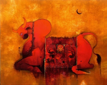 Charcoal, Gold & Acrylic on canvas painting titled Nandi the Chosen One