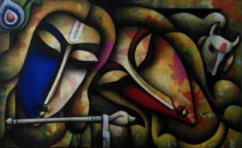 Mixed media on canvas painting titled Holi with Krishna