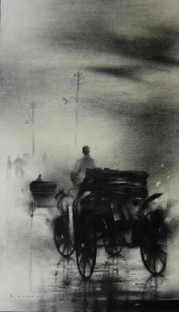 Charcoal & Acrylic painting titled The poetry of monsoon III