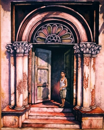 Watercolour on paper painting titled Basking in Heritage City Sunshine