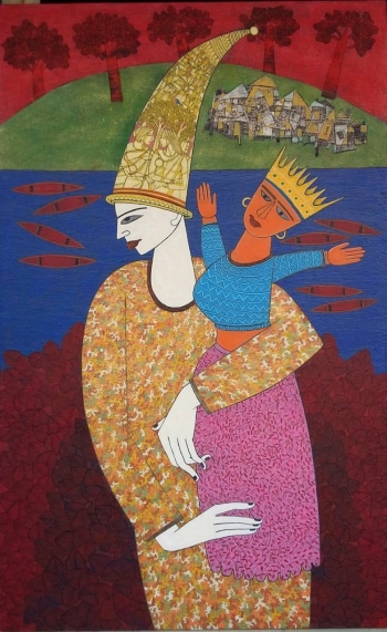 Acrylic on Canvas painting titled Clown with Puppet at Riverbank