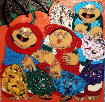 Oil on Acrylic sheet painting titled The Hand Fan Sellers