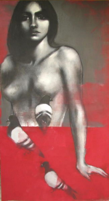 Charcoal & Acrylic on canvas painting titled Tête-à-tête