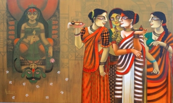 Acrylic on Canvas painting titled The Beautiful Ceremony of Sindhur Khela