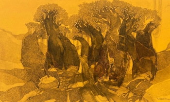 Acrylic on Canvas painting titled Forest of Golden Sunrise