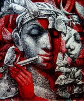 Mixed media on canvas painting titled The Flutist & His Admirers I