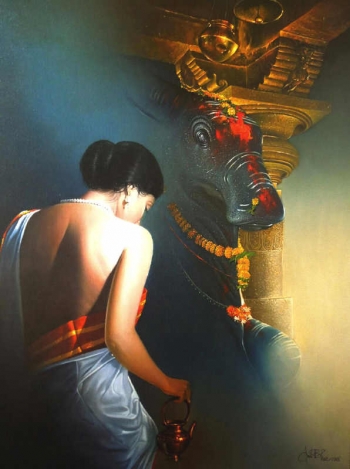Oil & Acrylic on Canvas painting titled Offering Prayers