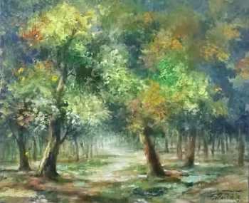 Acrylic on canvas painting titled  The Sun-dappled Forest IV