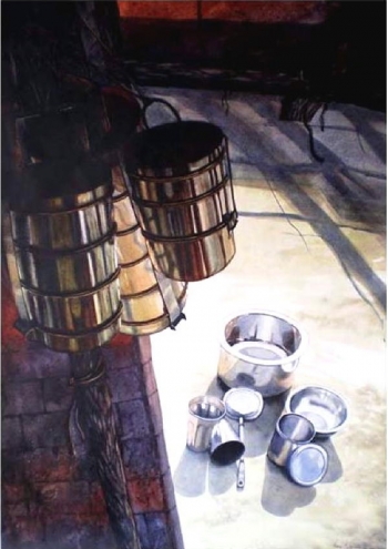 Watercolour on paper painting titled Still life with Pans III