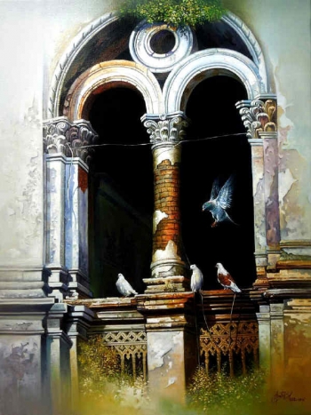 Oil & Acrylic on Canvas painting titled Tales of a Heritage Mansion