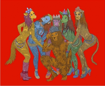 Acrylic & Ink on canvas painting titled Group Photo of Old Buddies