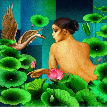 Mixed media on canvas painting titled The lady with the swan