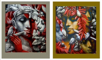 Mixed Media on Canvas painting titled The Flutist & His Admirers I & II