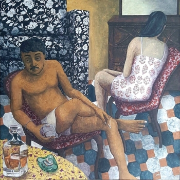 Tempera on Rice- papered Canvas painting titled A Time to Reflect