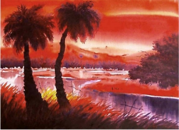 Watercolour on paper painting titled Silhouettes against the Sunset