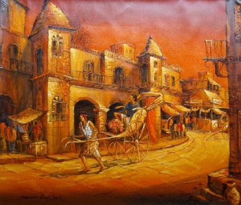 Acrylic on canvas painting titled A Ride through the Vintage City