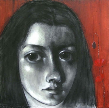 Charcoal & Acrylic on canvas painting titled The red poppy