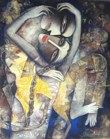 Tempera on canvas board painting titled The Embrace of Love