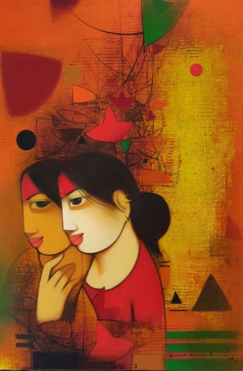 Acrylic on Canvas painting titled Two Sisters having Fun