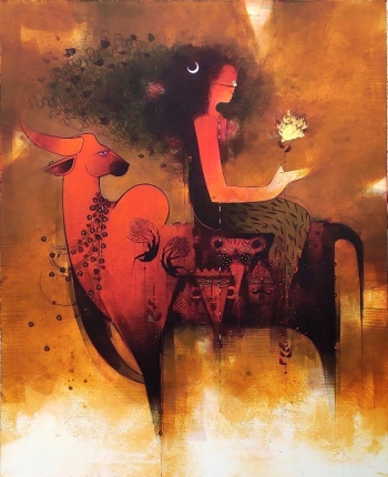 Acrylic, charcoal, pencil, 24kt actual gold leaf on linen canvas painting titled Lord Shiva's Divinity