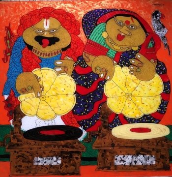 Oil on Acrylic sheet painting titled Vintage Melodies of Love