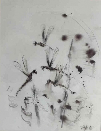 Acrylic on Canvas painting titled Dragonflies in the Rain