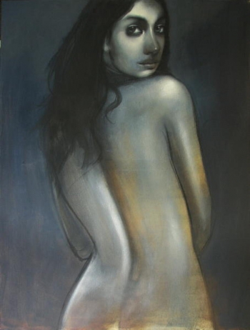 Charcoal & Acrylic on canvas painting titled Blue innocence