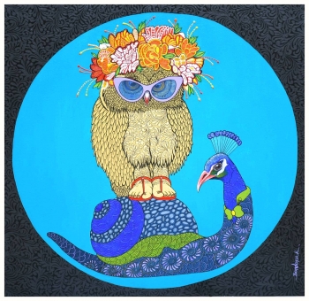 Acrylic & Ink on canvas painting titled Snail Rider