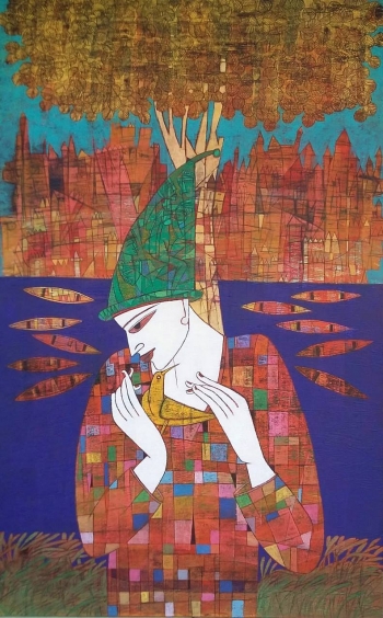 Acrylic on Canvas painting titled Clown with Bird at Riverbank