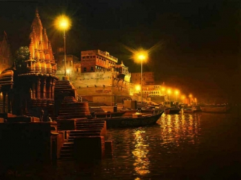 Oil and Acrylic on Canvas painting titled On the Bank of the Ganges IV