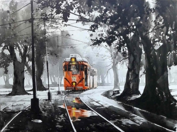 Acryllic on Canvas painting titled A Journey through Kolkata I
