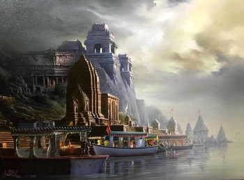 Oil & Acrylic on Canvas painting titled Mystic, magical Ghats