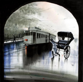 Watercolour on paper painting titled Monsoon in Kolkata I