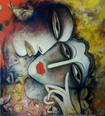 Tempera on canvas board painting titled You Complete Me II