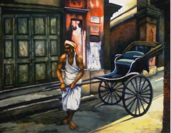 Watercolour on paper painting titled The Rickshaw puller