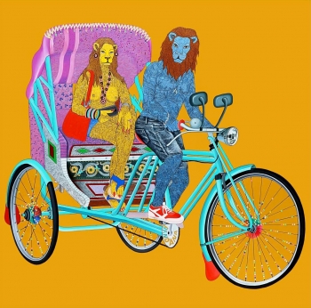 Acrylic & Ink on canvas painting titled Baby's Day Out