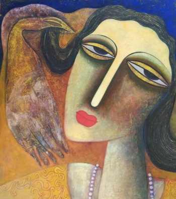 Tempera on canvas board painting titled A Woman in Love I