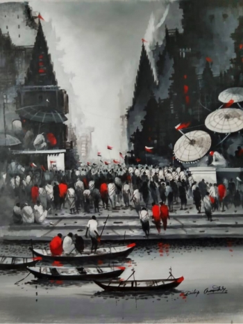 Acrylic on Canvas painting titled Ethereal Varanasi Ghats