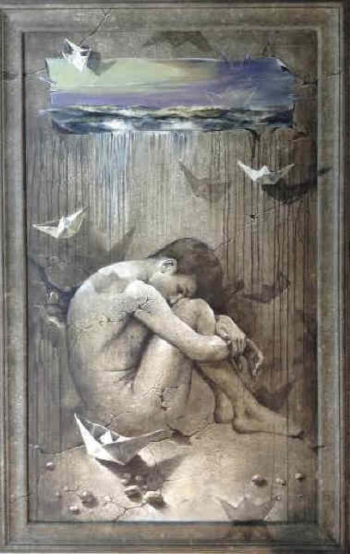 Acrylic on Canvas painting titled The Boy with the Paper Boat