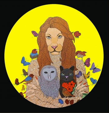 Acrylic & Ink on canvas painting titled Mother Posing with Her Little Ones