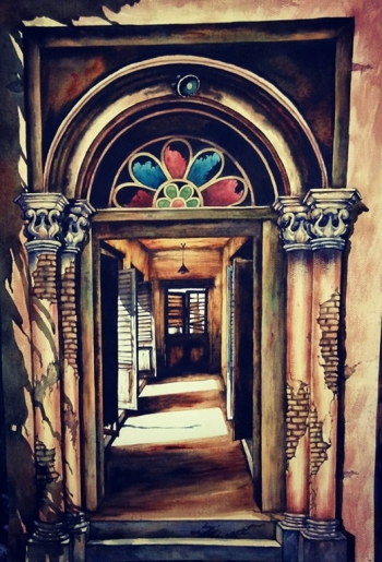 Watercolour on paper painting titled Sunlight in the Passage