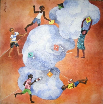 Watercolor on Canvas painting titled The Joy of Kite Flying
