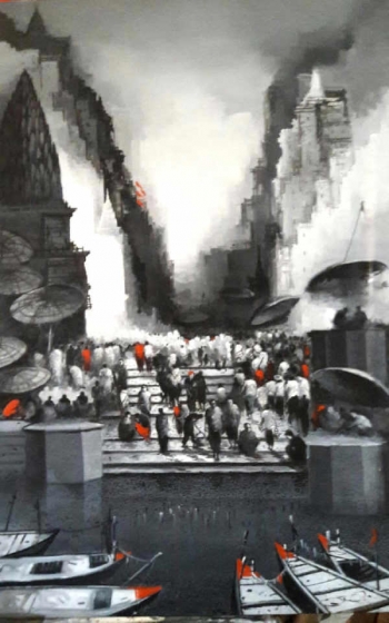 Acrylic on Canvas painting titled Peaceful Vibrations at the Benares Ghats